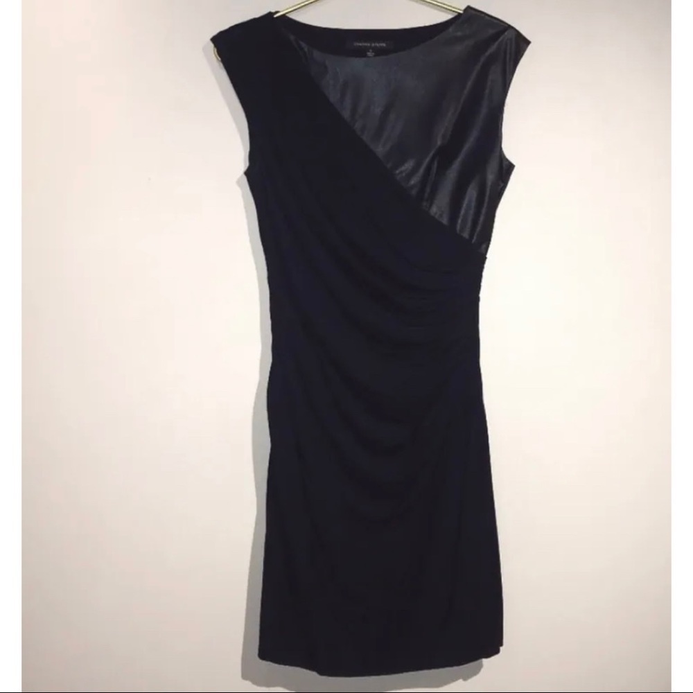 Cynthia Steffe Sz S Black Faux Leather Ruched Jersey Knit Sheath Mini Dress